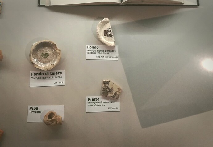 una teca con alcuni frammenti di ceramica ed etichette che li descrivono